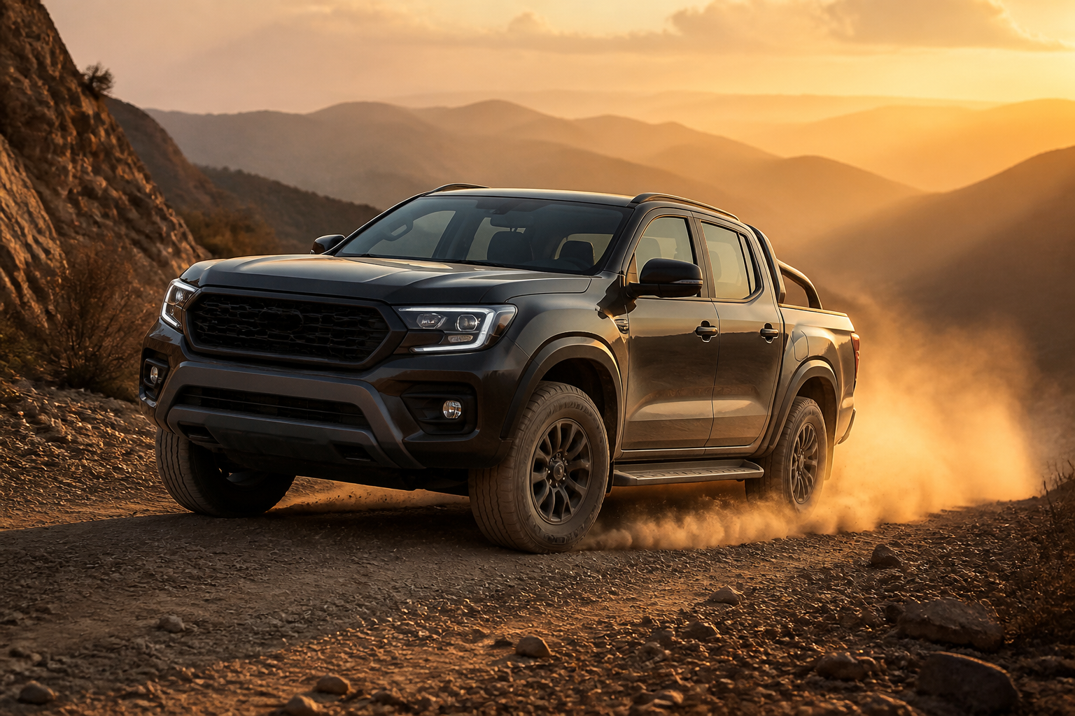 Pickup with adventure equipment on a dirt trail