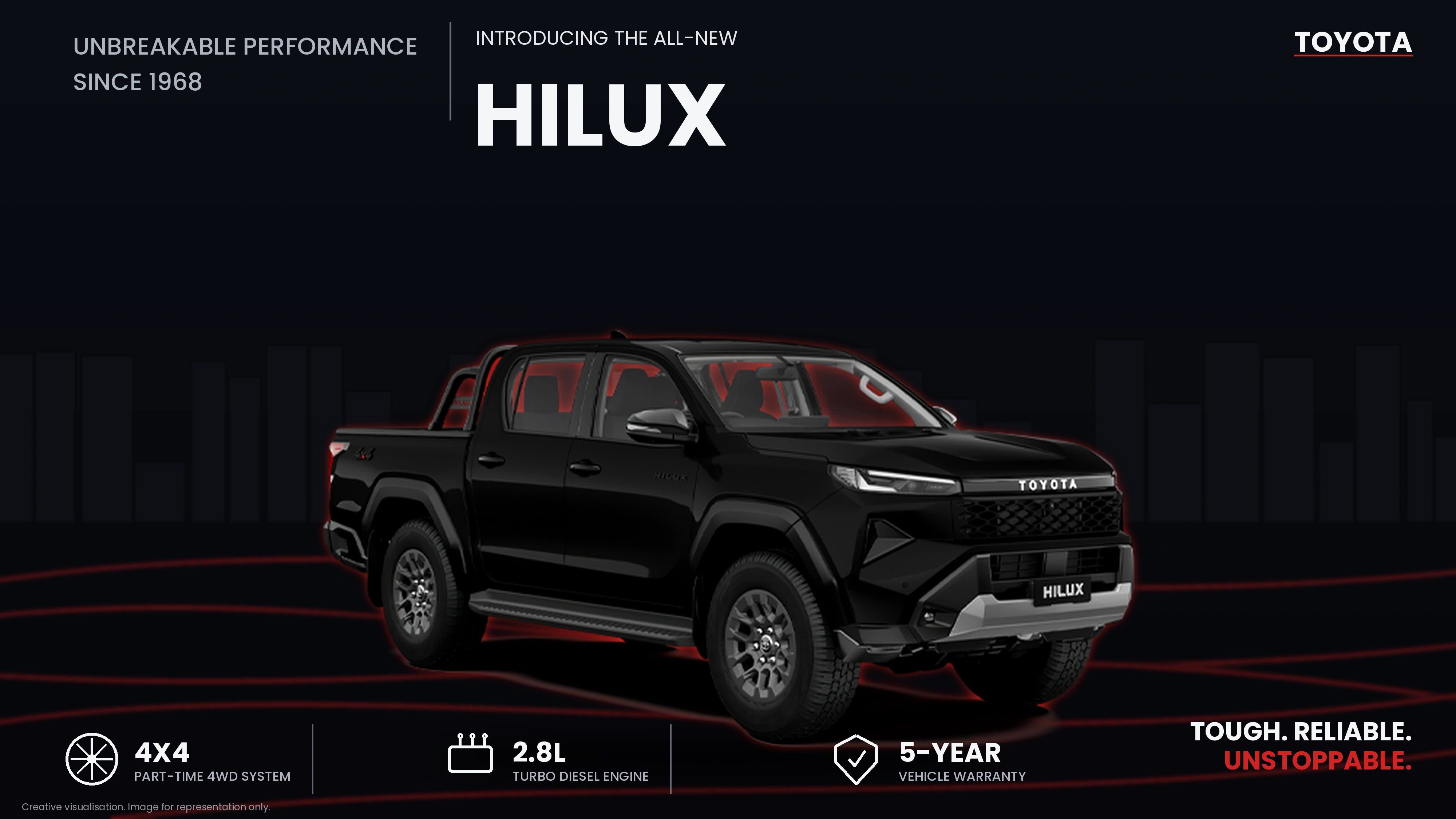 Toyota Hilux campaign banner — Tough. Reliable. Unstoppable.