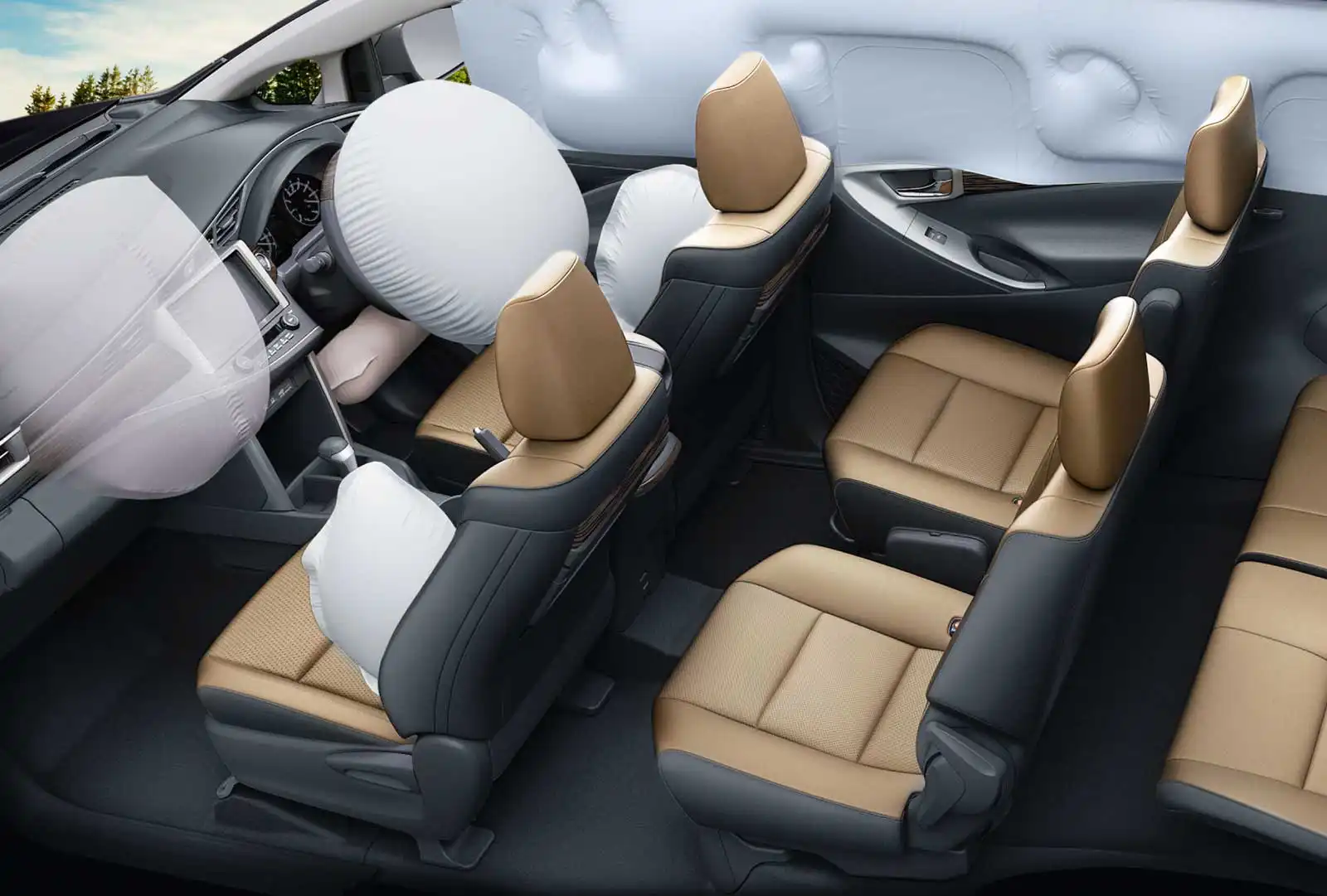 Innova Crysta cabin with airbags deployed