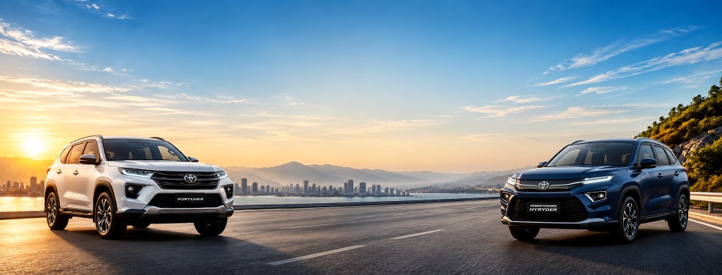 Fortuner and Urban Cruiser Hyryder on an open highway at golden hour